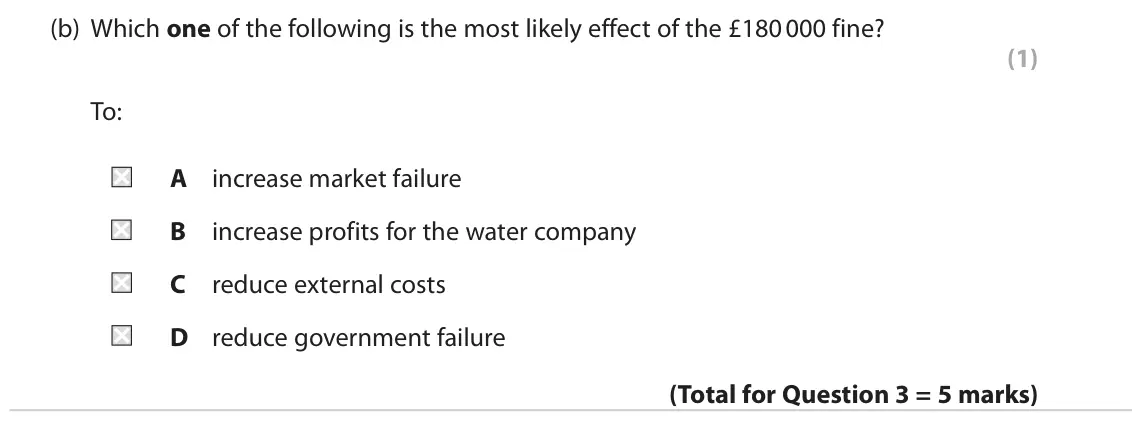 June 2022 Paper 1, question 3(b): Which one of the following is the most likely effect of the £180 000 fine? (1) To: A increase market failure B increase profits for the water company C reduce e