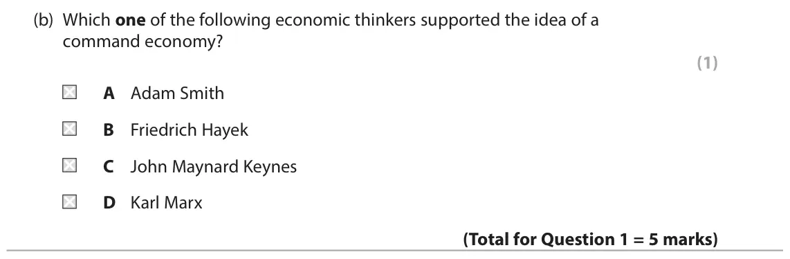 June 2023 Paper 1, question 1(b): Which one of the following economic thinkers supported the idea of a command economy? (1) A Adam Smith B Friedrich Hayek C John Maynard Keynes D Karl Marx 1 In 