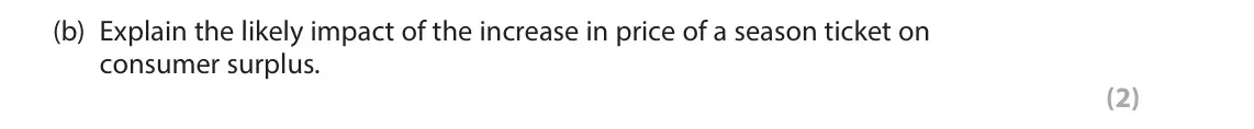 June 2023 Paper 1, question 4(b): Explain the likely impact of the increase in price of a season ticket on consumer surplus. (2) 4 An annual season ticket for a train journey between London and 