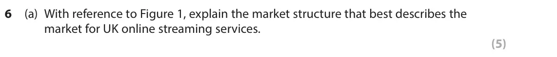 June 2023 Paper 1, question 6(a): With reference to Figure 1, explain the market structure that best describes the market for UK online streaming services. (5) Read Figures 1 and 2 and the follo