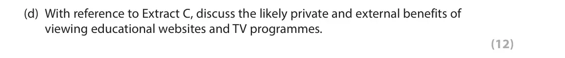 June 2023 Paper 1, question 6(d): With reference to Extract C, discuss the likely private and external benefits of viewing educational websites and TV programmes. (12) Read Figures 1 and 2 and t
