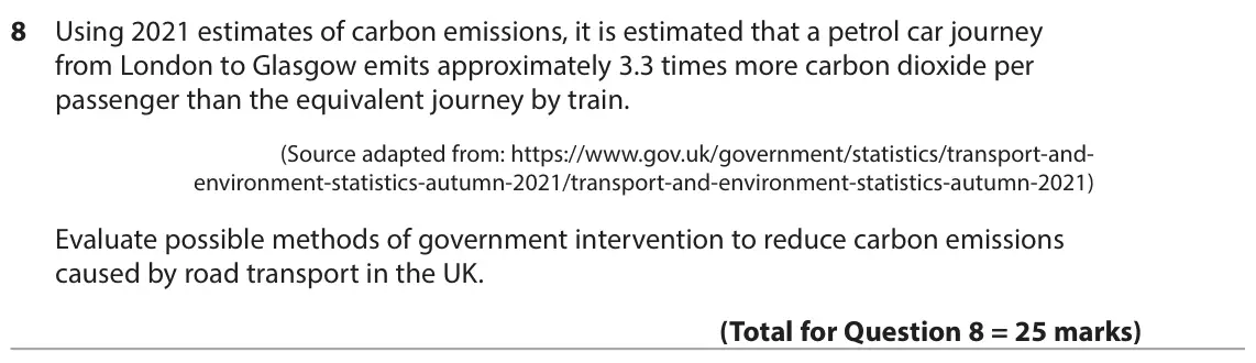 June 2023 Paper 1, question 8: Using 2021 estimates of carbon emissions, it is estimated that a petrol car journey from London to Glasgow emits approximately 3.3 times more carbon dioxide per
