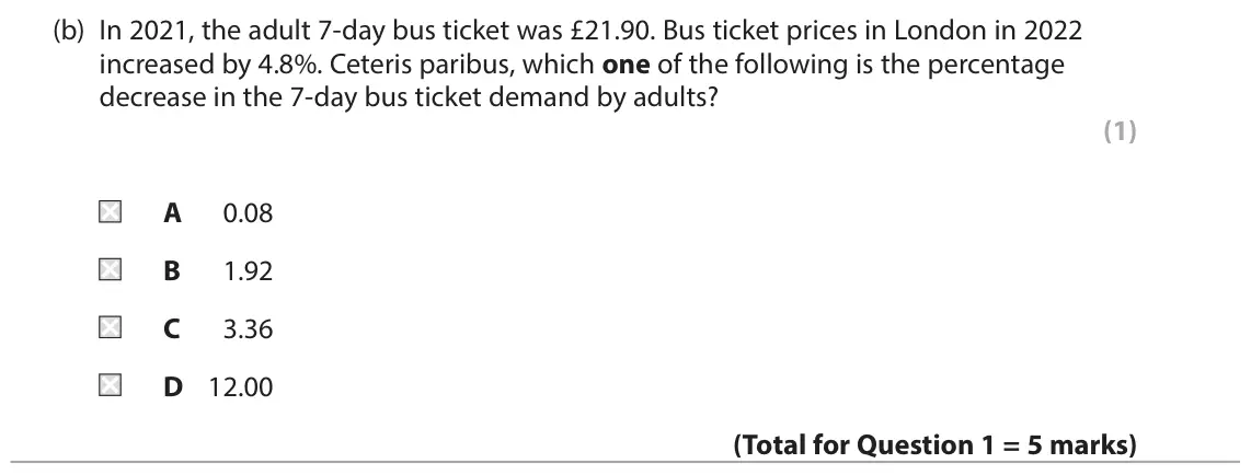 June 2024 Paper 1, question 1(b): In 2021, the adult 7-day bus ticket was £21.90. Bus ticket prices in London in 2022 increased by 4.8%. Ceteris paribus, which one of the following is the percen