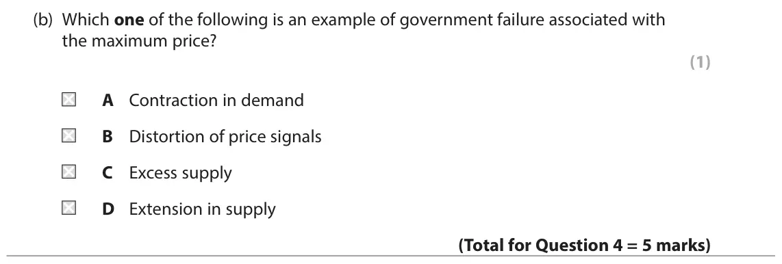 June 2024 Paper 1, question 4(b): Which one of the following is an example of government failure associated with the maximum price? (1) A Contraction in demand B Distortion of price signals C Ex