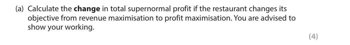 June 2025 Paper 1, question 1(a): Calculate the change in total supernormal profit if the restaurant changes its objective from revenue maximisation to profit maximisation. You are advised to sh