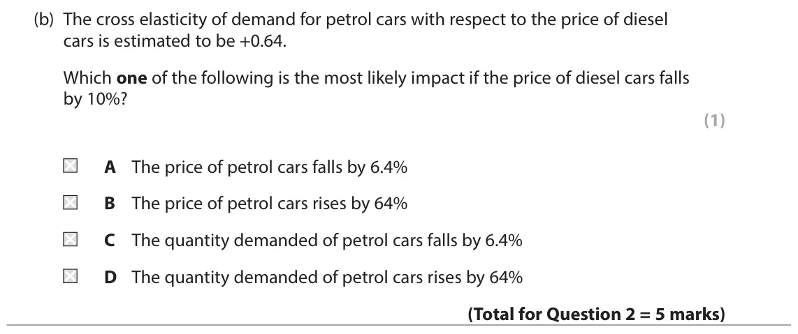 June 2025 Paper 1, question 2(b): The cross elasticity of demand for petrol cars with respect to the price of diesel cars is estimated to be +0.64. Which one of the following is the most likely 