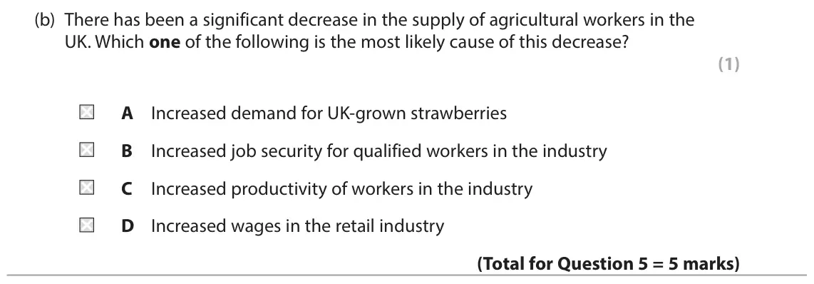 June 2025 Paper 1, question 5(b): There has been a significant decrease in the supply of agricultural workers in the UK. Which one of the following is the most likely cause of this decrease? (1)