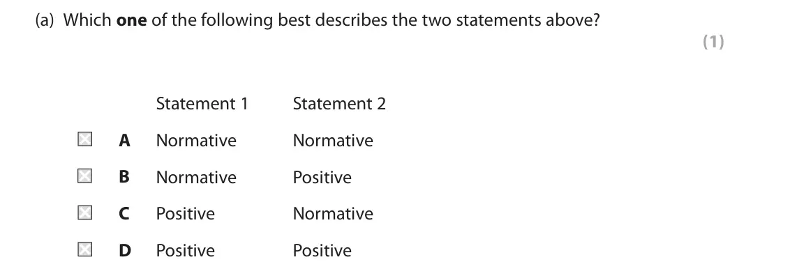 November 2021 Paper 1, question 1(a): Which one of the following best describes the two statements above? (1) Statement 1 Statement 2 A Normative Normative B Normative Positive C Positive Normative 