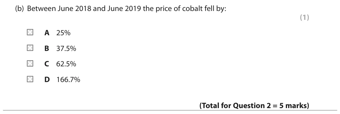 November 2021 Paper 1, question 2(b): Between June 2018 and June 2019 the price of cobalt fell by: (1) A 25% B 37.5% C 62.5% D 166.7% 2 Cobalt is a key metal used in the batteries of electric cars. 