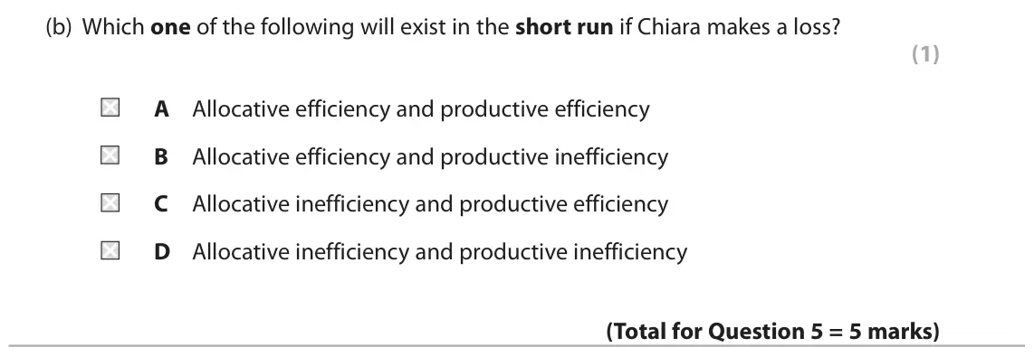 November 2021 Paper 1, question 5(b): Which one of the following will exist in the short run if Chiara makes a loss? (1) A Allocative efficiency and productive efficiency B Allocative efficiency and