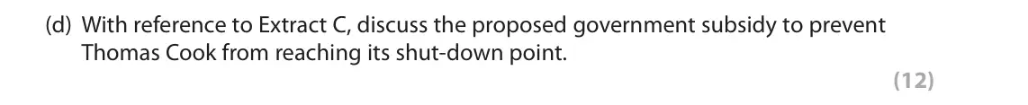 November 2021 Paper 1, question 6(d): With reference to Extract C, discuss the proposed government subsidy to prevent Thomas Cook from reaching its shut-down point. (12) Read Figures 1 and 2 and the