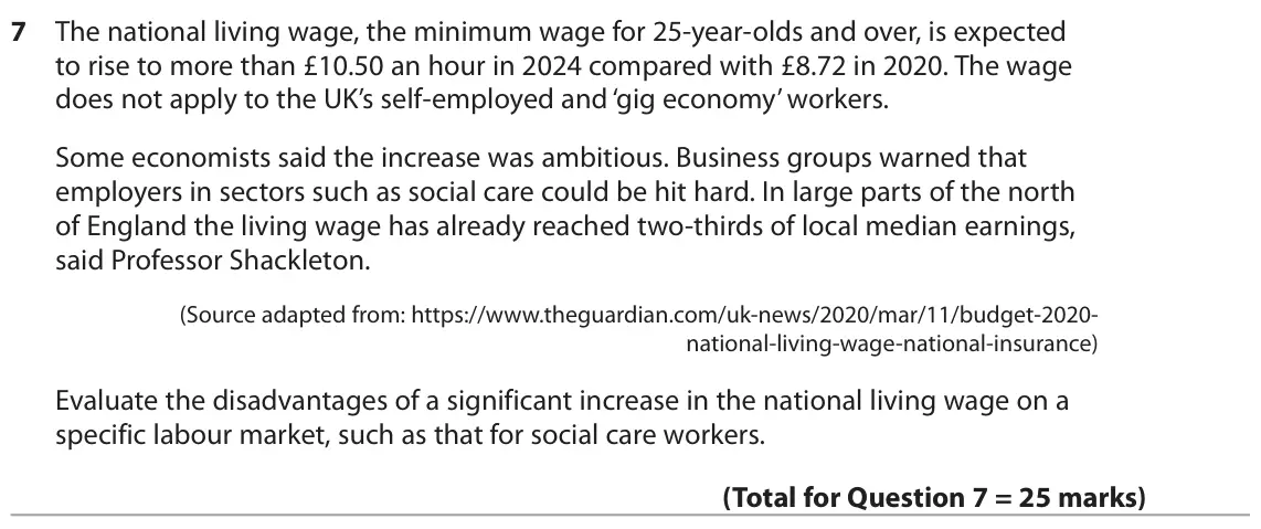 November 2021 Paper 1, question 7: The national living wage, the minimum wage for 25-year-olds and over, is expected to rise to more than £10.50 an hour in 2024 compared with £8.72 in 2020. The w