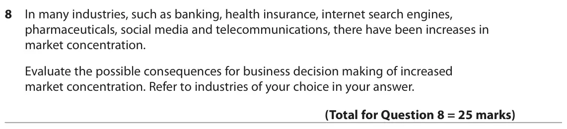 November 2021 Paper 1, question 8: In many industries, such as banking, health insurance, internet search engines, pharmaceuticals, social media and telecommunications, there have been increases