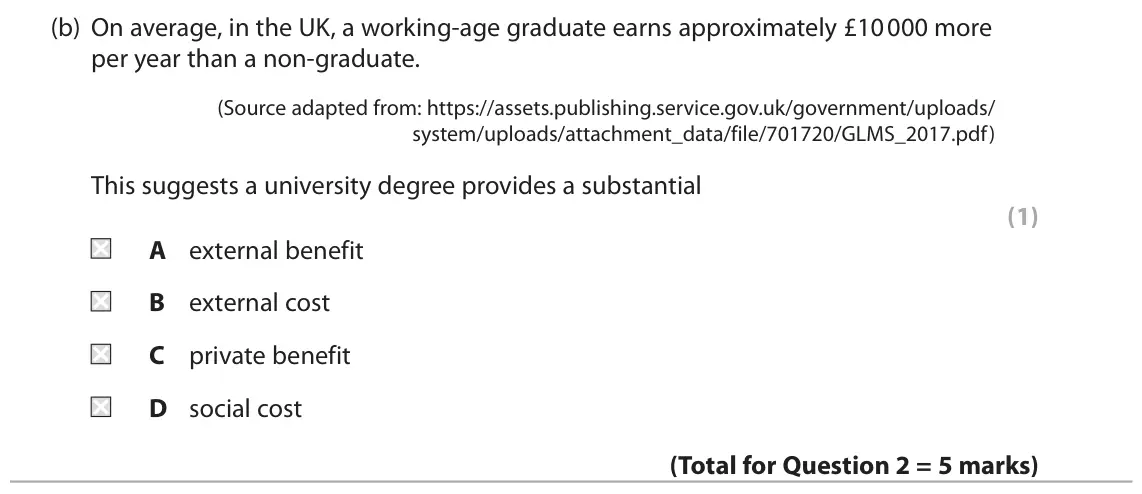 October 2020 Paper 1, question 2(b): On average, in the UK, a working-age graduate earns approximately £10 000 more per year than a non-graduate. (Source adapted from: https://assets.publishing.ser