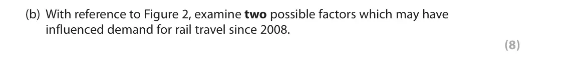 October 2020 Paper 1, question 6(b): With reference to Figure 2, examine two possible factors which may have influenced demand for rail travel since 2008. (8) Read Figures 1, 2 and 3 and the follow