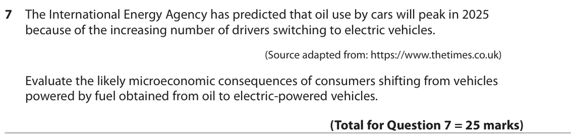 October 2020 Paper 1, question 7: The International Energy Agency has predicted that oil use by cars will peak in 2025 because of the increasing number of drivers switching to electric vehicles.