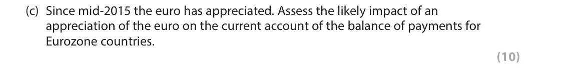 June 2017 Paper 2, question 6(c): Since mid-2015 the euro has appreciated. Assess the likely impact of an appreciation of the euro on the current account of the balance of payments for Eurozone 
