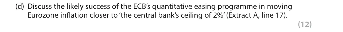 June 2017 Paper 2, question 6(d): Discuss the likely success of the ECB’s quantitative easing programme in moving Eurozone inflation closer to ‘the central bank’s ceiling of 2%’ (Extract A, line
