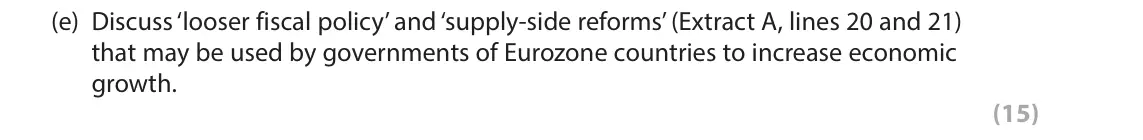 June 2017 Paper 2, question 6(e): Discuss ‘looser fiscal policy’ and ‘supply-side reforms’ (Extract A, lines 20 and 21) that may be used by governments of Eurozone countries to increase economic