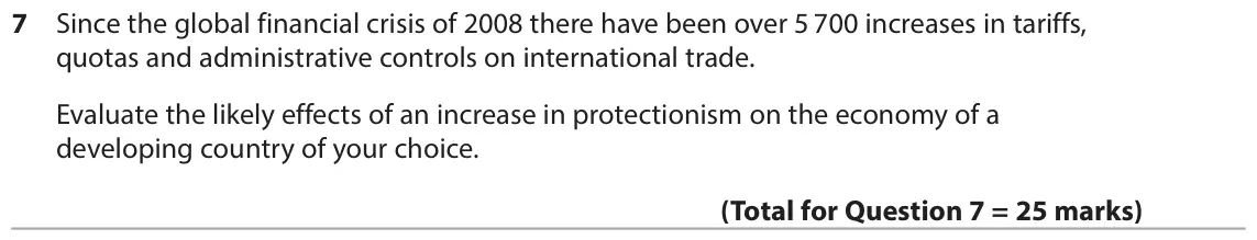 June 2017 Paper 2, question 7: Since the global financial crisis of 2008 there have been over 5 700 increases in tariffs, quotas and administrative controls on international trade. Evaluate t