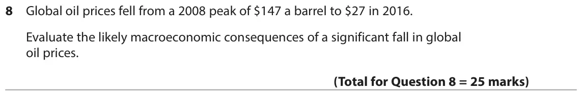 June 2017 Paper 2, question 8: Global oil prices fell from a 2008 peak of $147 a barrel to $27 in 2016. Evaluate the likely macroeconomic consequences of a significant fall in global oil pric