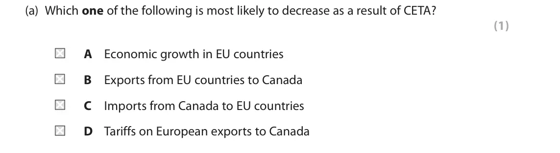June 2018 Paper 2, question 1(a): Which one of the following is most likely to decrease as a result of CETA? (1) A Economic growth in EU countries B Exports from EU countries to Canada C Imports