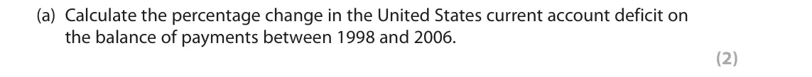 June 2018 Paper 2, question 3(a): Calculate the percentage change in the United States current account deficit on the balance of payments between 1998 and 2006. (2) 3 United States current accou