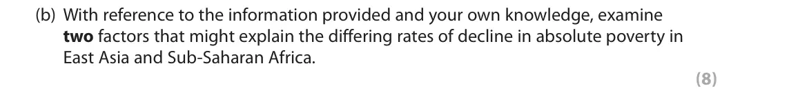 June 2018 Paper 2, question 6(b): With reference to the information provided and your own knowledge, examine two factors that might explain the differing rates of decline in absolute poverty in 