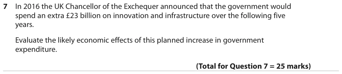 June 2018 Paper 2, question 7: In 2016 the UK Chancellor of the Exchequer announced that the government would spend an extra £23 billion on innovation and infrastructure over the following fi