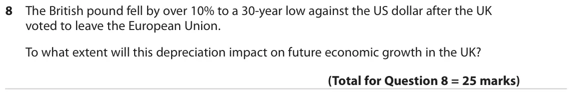 June 2018 Paper 2, question 8: The British pound fell by over 10% to a 30-year low against the US dollar after the UK voted to leave the European Union. To what extent will this depreciation 