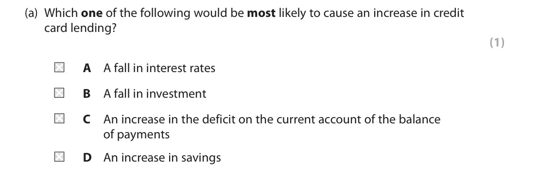 June 2019 Paper 2, question 1(a): Which one of the following would be most likely to cause an increase in credit card lending? (1) A A fall in interest rates B A fall in investment C An increas