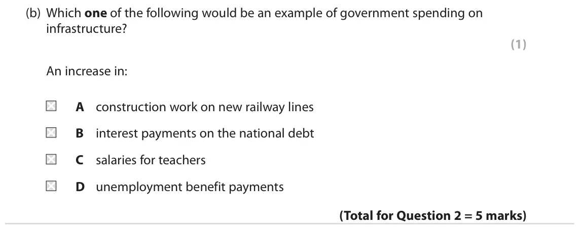 June 2019 Paper 2, question 2(b): Which one of the following would be an example of government spending on infrastructure? (1) An increase in: A construction work on new railway lines B interest