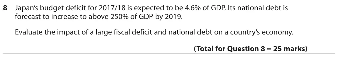 June 2019 Paper 2, question 8: Japan’s budget deficit for 2017/18 is expected to be 4.6% of GDP. Its national debt is forecast to increase to above 250% of GDP by 2019. Evaluate the impact of