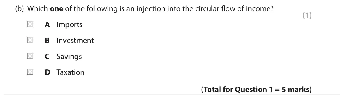 June 2022 Paper 2, question 1(b): Which one of the following is an injection into the circular flow of income? (1) A Imports B Investment C Savings D Taxation 1 According to the Bank of England,