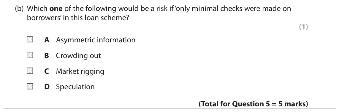 June 2022 Paper 2, question 5(b): Which one of the following would be a risk if ‘only minimal checks were made on borrowers’ in this loan scheme? (1) A Asymmetric information B Crowding out C Ma