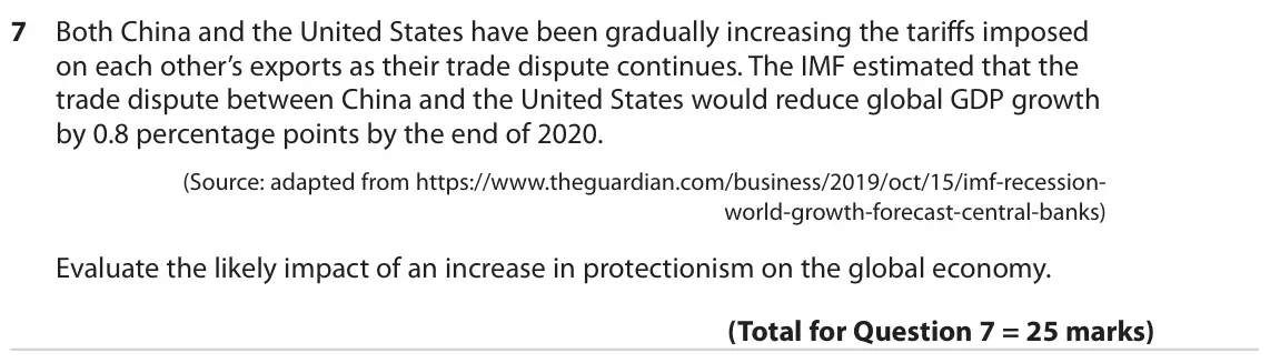 June 2022 Paper 2, question 7: Both China and the United States have been gradually increasing the tariffs imposed on each other’s exports as their trade dispute continues. The IMF estimated