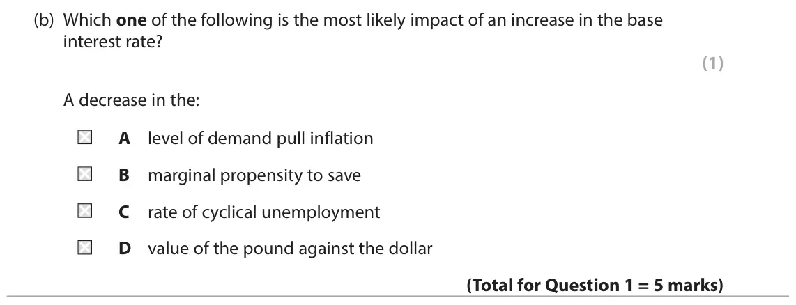 June 2023 Paper 2, question 1(b): Which one of the following is the most likely impact of an increase in the base interest rate? (1) A decrease in the: A level of demand pull inflation B margina