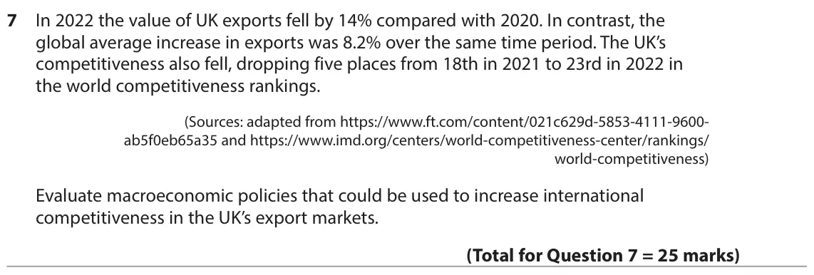 June 2023 Paper 2, question 7: In 2022 the value of UK exports fell by 14% compared with 2020. In contrast, the global average increase in exports was 8.2% over the same time period. The UK’s