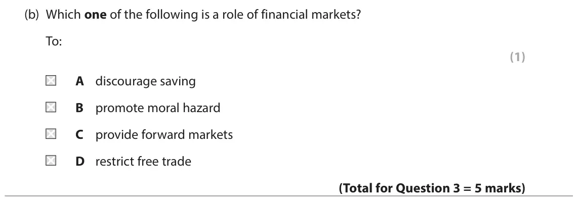 June 2024 Paper 2, question 3(b): Which one of the following is a role of financial markets? To: (1) A discourage saving B promote moral hazard C provide forward markets D restrict free trade 3 