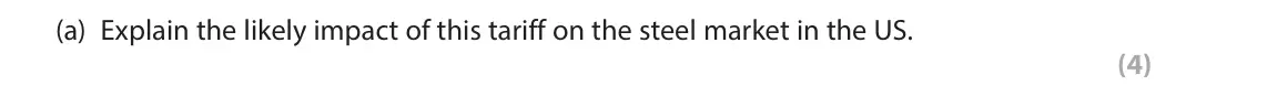 June 2024 Paper 2, question 5(a): Explain the likely impact of this tariff on the steel market in the US. (4) 5 In March 2018 the US imposed a tariff of 25% on steel imports from the UK. (Source