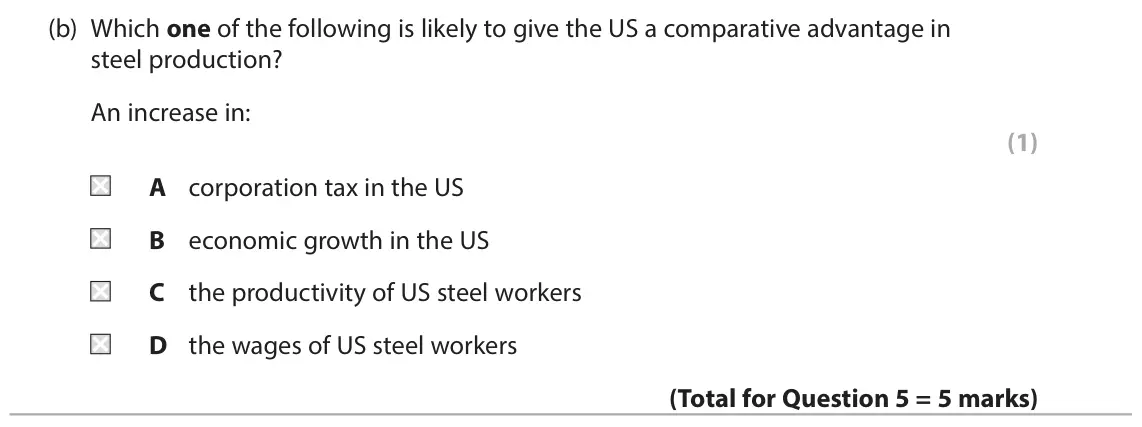 June 2024 Paper 2, question 5(b): Which one of the following is likely to give the US a comparative advantage in steel production? An increase in: (1) A corporation tax in the US B economic grow