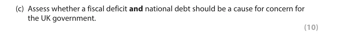 June 2024 Paper 2, question 6(c): Assess whether a fiscal deficit and national debt should be a cause for concern for the UK government. (10) Read Figures 1, 2, 3 and 4 and the following extract