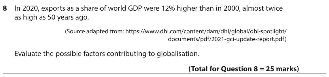 June 2024 Paper 2, question 8: In 2020, exports as a share of world GDP were 12% higher than in 2000, almost twice as high as 50 years ago. (Source adapted from: https://www.dhl.com/content/d