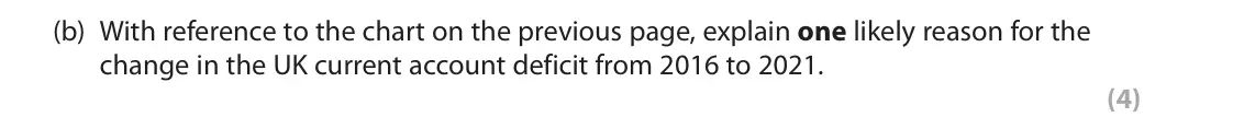 June 2025 Paper 2, question 2(b): With reference to the chart on the previous page, explain one likely reason for the change in the UK current account deficit from 2016 to 2021. (4) 2 UK current
