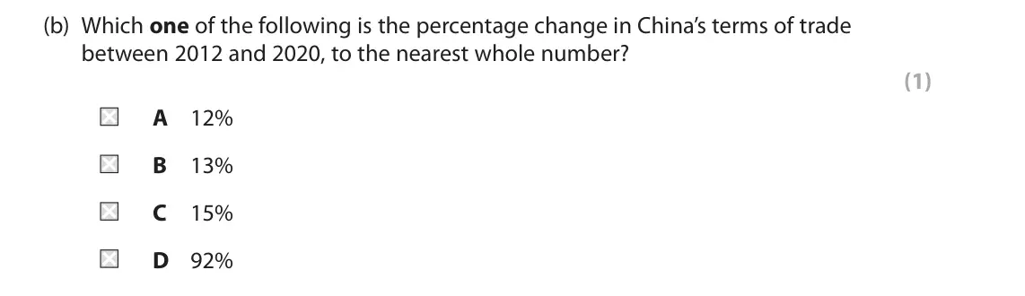 June 2025 Paper 2, question 4(b): Which one of the following is the percentage change in China’s terms of trade between 2012 and 2020, to the nearest whole number? (1) A 12% B 13% C 15% D 92% 4