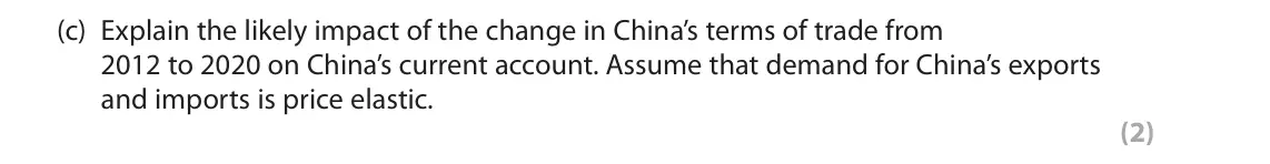 June 2025 Paper 2, question 4(c): Explain the likely impact of the change in China’s terms of trade from 2012 to 2020 on China’s current account. Assume that demand for China’s exports and impor