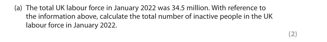 June 2025 Paper 2, question 5(a): The total UK labour force in January 2022 was 34.5 million. With reference to the information above, calculate the total number of inactive people in the UK lab