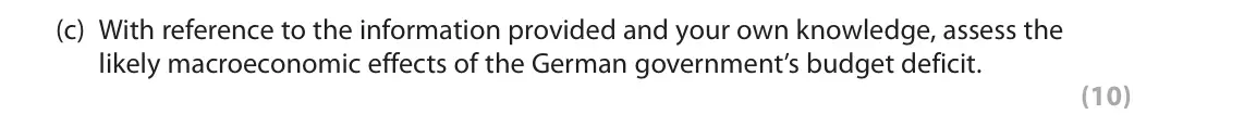 June 2025 Paper 2, question 6(c): With reference to the information provided and your own knowledge, assess the likely macroeconomic effects of the German government’s budget deficit. (10) Read 