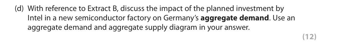 June 2025 Paper 2, question 6(d): With reference to Extract B, discuss the impact of the planned investment by Intel in a new semiconductor factory on Germany’s aggregate demand. Use an aggregat