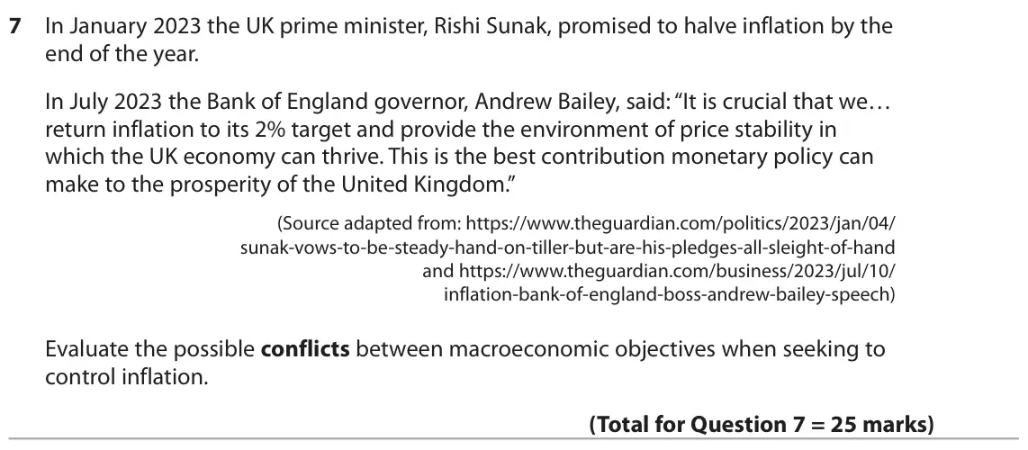 June 2025 Paper 2, question 7: In January 2023 the UK prime minister, Rishi Sunak, promised to halve inflation by the end of the year. In July 2023 the Bank of England governor, Andrew Bailey